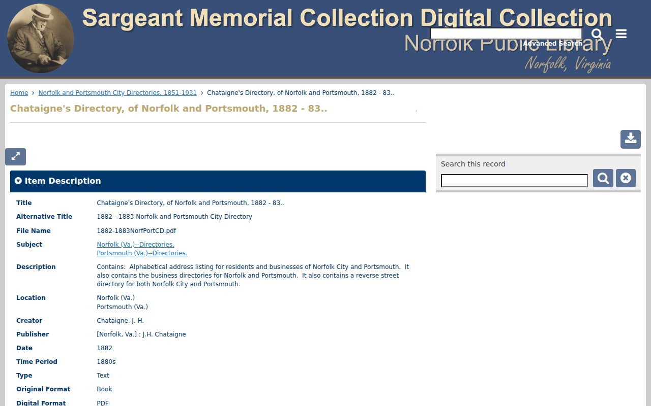 Portsmouth previous residents Chataigne directory record for historical address research