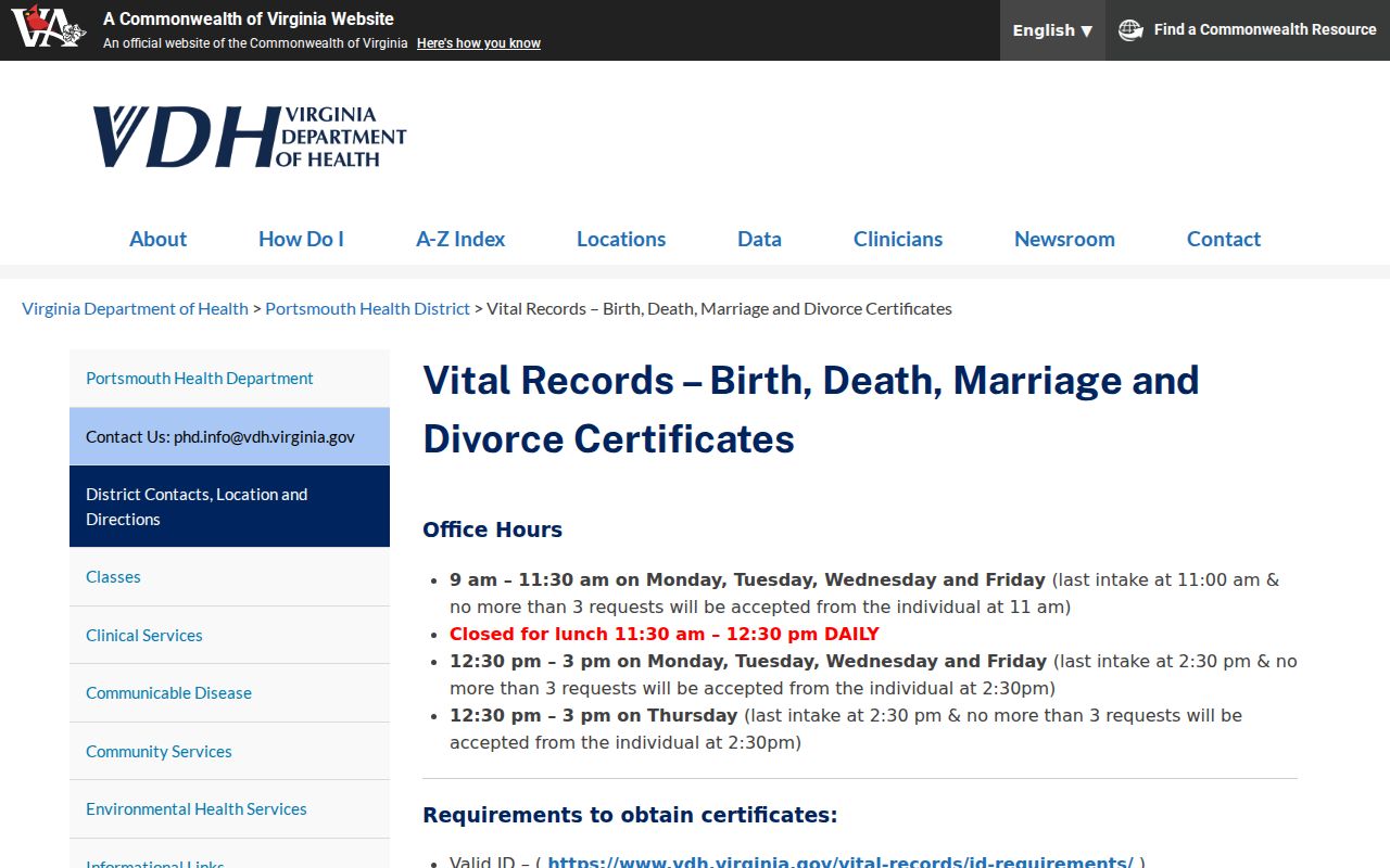 Portsmouth resident lookup local vital records intake