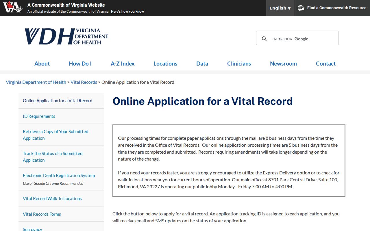 Portsmouth resident lookup Virginia vital record application